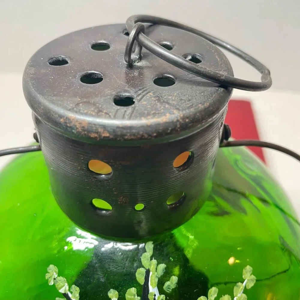 Hand-Painted Green Glass Lantern With Tree Design And Rustic Metal Top